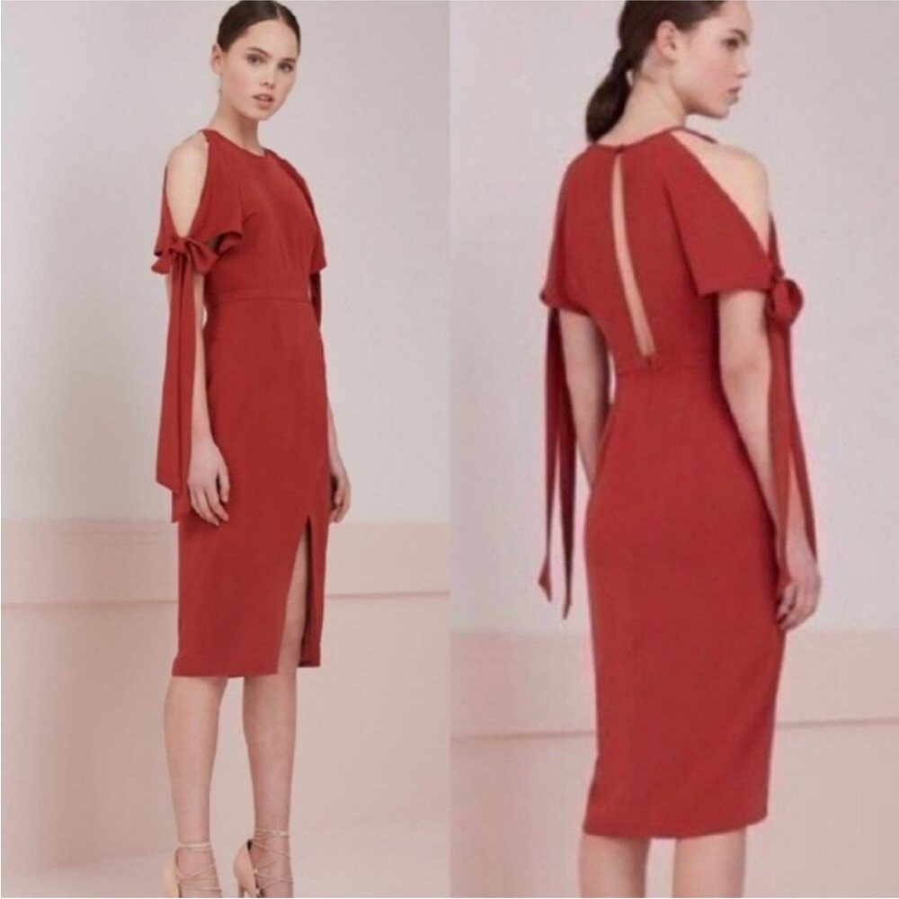 KEEPSAKE the Label Cold Shoulder Rust Midi Slit Dress sz L
